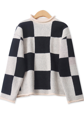 格子毛衣春新款外贸女装百搭撞色半高领宽松软糯长袖针织衫17774