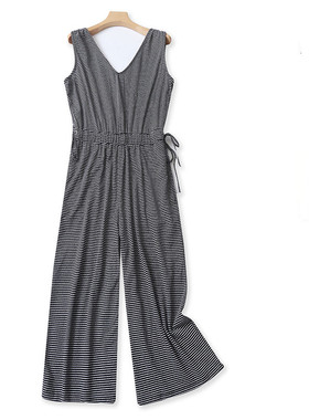 条纹连体夏新款外贸女装加肥加大码显瘦松紧抽绳阔腿连衣裤10348