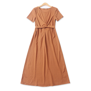 绑带连衣裙夏新款外贸女装纯色百搭宽松圆领短袖套头中长裙19611