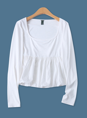 花苞裙摆式棉T恤春新款外贸女时尚百搭方领修身甜美长袖上衣17830