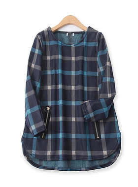 日单格子绒衫冬新款外贸女装复古圆领装饰拉链宽松长袖上衣13996