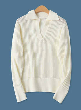 镂空坑条毛衣春季新款外贸女装时尚百搭修身翻领长袖针织衫17614