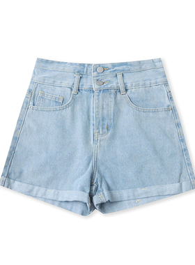 高腰牛仔短裤夏季新款外贸女装百搭多口袋显瘦翻边阔腿短裤17945