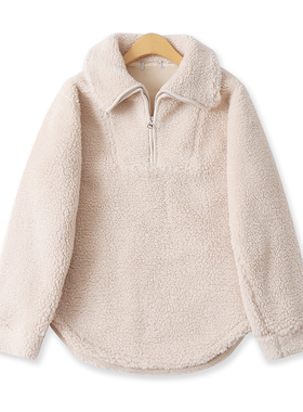 羊羔毛卫衣秋冬新款外贸女装保暖翻领拉链宽松长袖套头绒衫18728