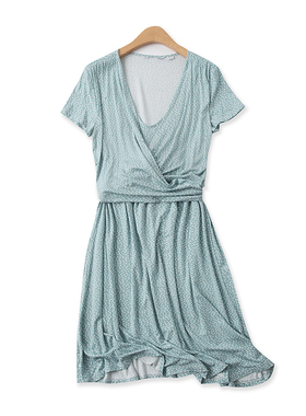 波点连衣裙夏季新款外贸女装时尚V领绑带高腰显瘦短袖哺乳裙14809