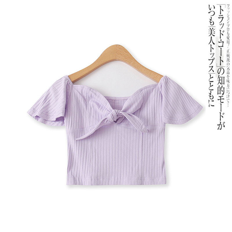 短袖百搭蝴蝶结一字肩