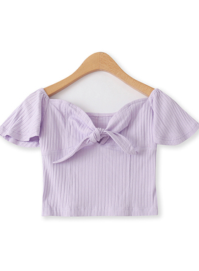 针织T恤夏季新款外贸女装性感百搭露脐蝴蝶结一字肩修身上衣15436