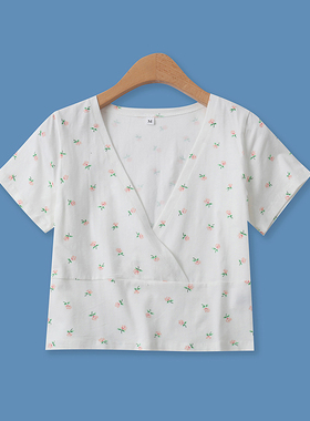 碎花棉T恤夏新款外贸女装百搭甜美短款V领套头显瘦短袖上衣14155