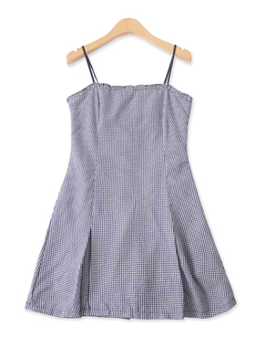 格子吊带裙夏季新款外贸女装百搭减龄木耳边显瘦泡泡纱短裙18496