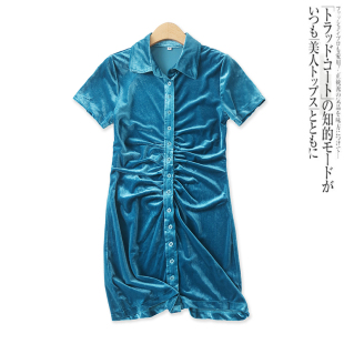 单排扣短袖 褶皱衬衫 复古修身 外贸女装 金丝绒连衣裙15549 裙夏新款