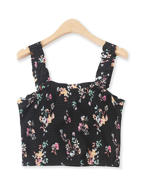 人棉抹胸背心夏新款外贸女装时尚百搭松紧褶皱修身碎花吊带14593