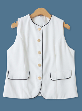 撞色包边马甲春季新款外贸女装休闲单排扣装饰袋盖修身背心19543