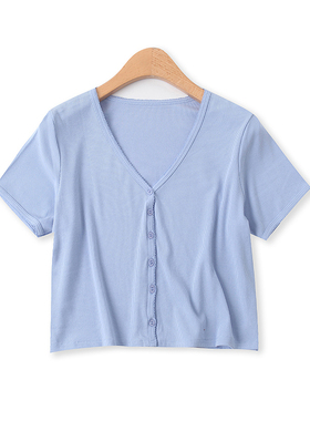 钩花T恤夏季新款外贸女装百搭糖果色V领竖排扣显瘦短袖开衫14465