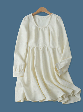 提花连衣裙春新款外贸女装时尚百搭显瘦法式方领长袖中长裙16366