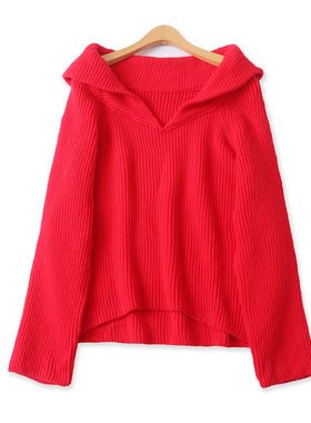 红毛衣冬季新款外贸女装百搭翻领宽松高弹插肩长袖针织外套18707