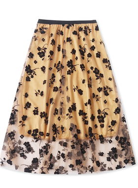 植绒纱网半身裙春夏新款外贸女装百搭时尚松紧腰宽松中长裙19499