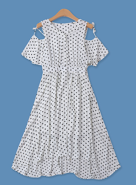 波点雪纺裙夏季新款外贸女装甜美露肩高腰显瘦喇叭袖中长裙13008