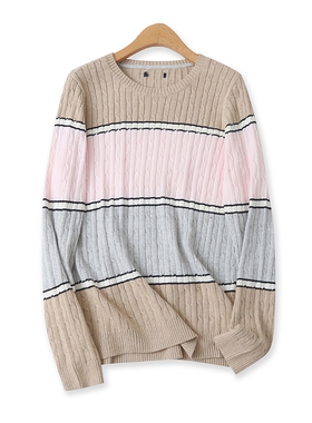 撞色毛衣秋季新款外贸女装时尚百搭圆领显瘦长袖针织条纹衫15716