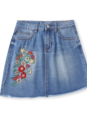 刺绣牛仔半身裙秋季新款外贸女装时尚百搭修身水洗毛边短裙18756