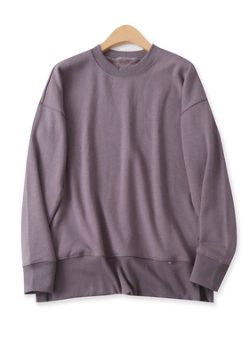 休闲卫衣秋新款外贸女装百搭圆领宽松螺纹长袖开叉薄绒上衣15967