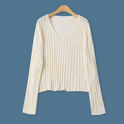 镂空网眼罩衫秋季新款外贸女装百搭时尚鸡心领宽松长袖罩衫18826