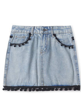 流苏边短裙秋季新款外贸女装时尚百搭多口袋显瘦牛仔半身裙18799