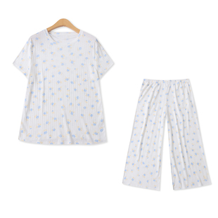 碎花家居服夏季新款外贸女装短袖T恤+松紧腰阔腿八分裤套装20333