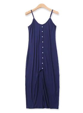 吊带裙夏新款外贸女装百搭时尚装饰扣前开叉修身弹力中长裙12863