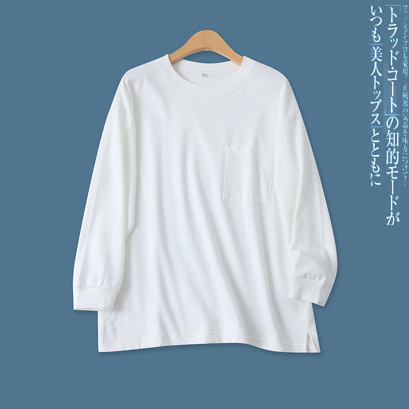 日单T恤春新款外贸女装休闲百搭圆领宽松开叉落肩长袖薄卫衣17861