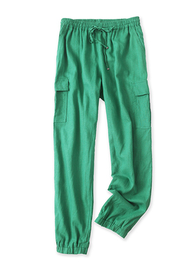 棉麻工装裤夏季新款外贸女装休闲百搭松紧高腰系带束脚长裤15468