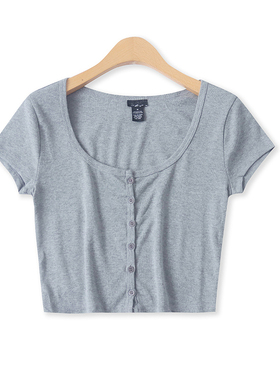 针织短款T恤夏季新款外贸女时尚百搭弹力修身单排扣短袖上衣17549