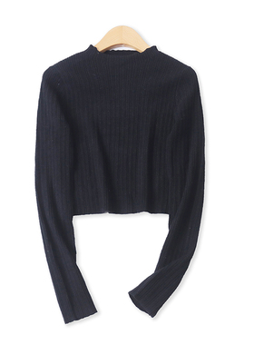 黑针织打底衫冬新款外贸女装百搭修身高弹力长袖螺纹短毛衣17612