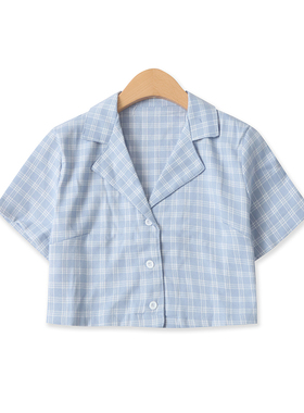 短款格子衬衫夏季新款外贸女装时尚西装领前扣修身短袖上衣16689