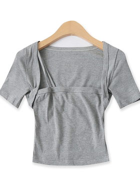 假两件T恤夏季新款外贸女装时尚百搭大露背显瘦单肩短袖上衣16508