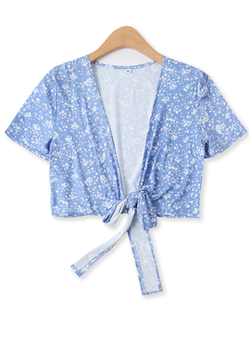 绑带小衫夏季新款外贸女装减龄百搭短款修身弹力印花短袖T恤14703