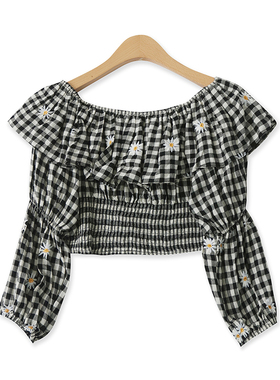 刺绣小衫春夏季新款外贸女装显瘦露脐荷叶领七分袖格子衬衫16412