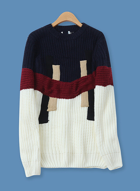 撞色毛衣秋季新款外贸女装百搭加厚宽松显瘦长袖减龄针织衫11664