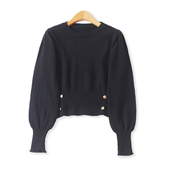 百搭短款 装 饰扣长袖 泡泡袖 针织衫 外贸女装 修身 19027 黑毛衣秋新款