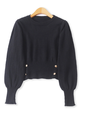 泡泡袖黑毛衣秋新款外贸女装百搭短款装饰扣长袖修身针织衫19027