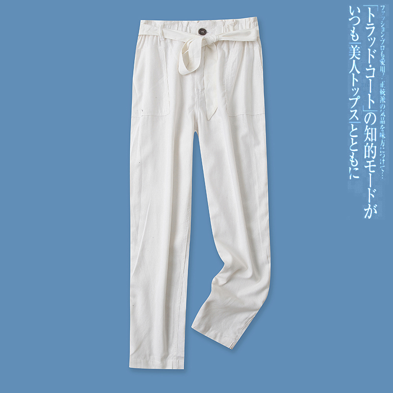 棉麻高腰长裤秋季新款外贸女装时尚百搭腰带口袋宽松休闲裤14589