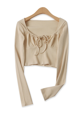 系带T恤春季新款外贸女装百搭修身高弹力方领长袖螺纹打底衫16459