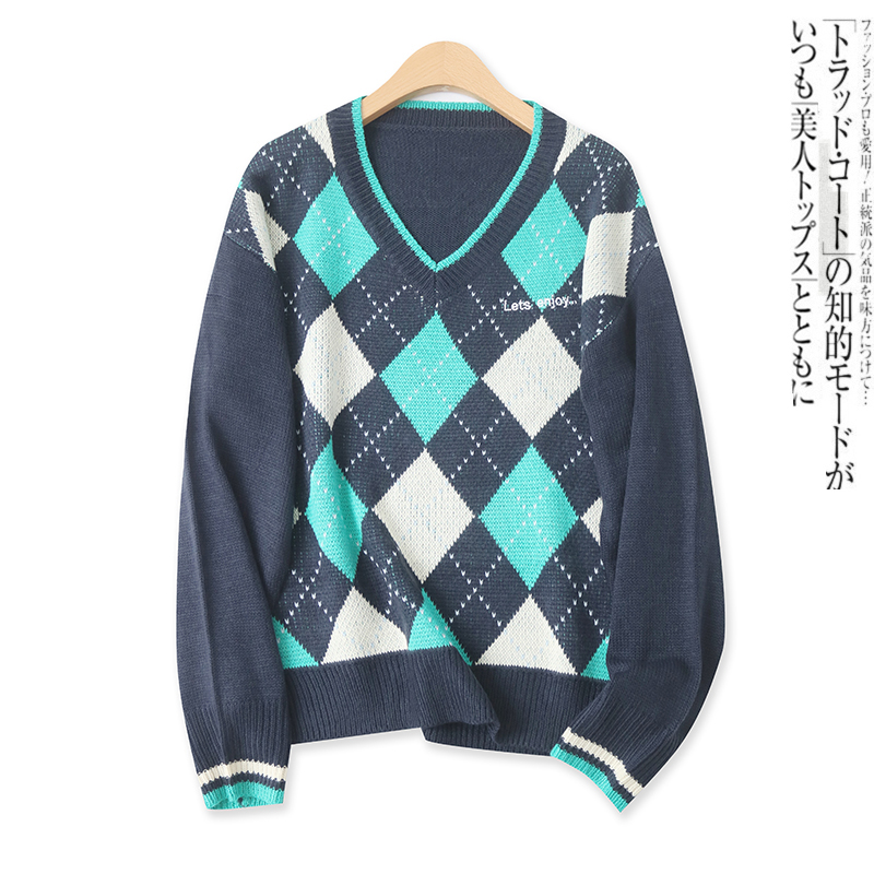 鸡心领学院风菱形格长袖毛衣