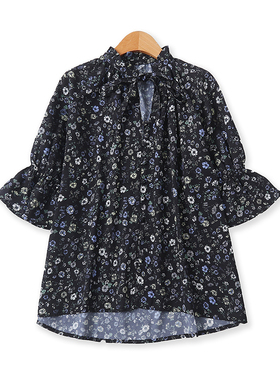 印花衬衫夏新款外贸女装减龄宽松木耳领系带单排扣半袖小衫13355