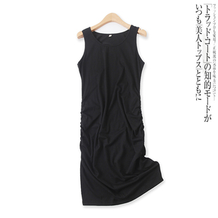 时尚 外贸女装 百搭圆领侧褶皱显瘦套头中长裙14380 新款 背心裙夏季