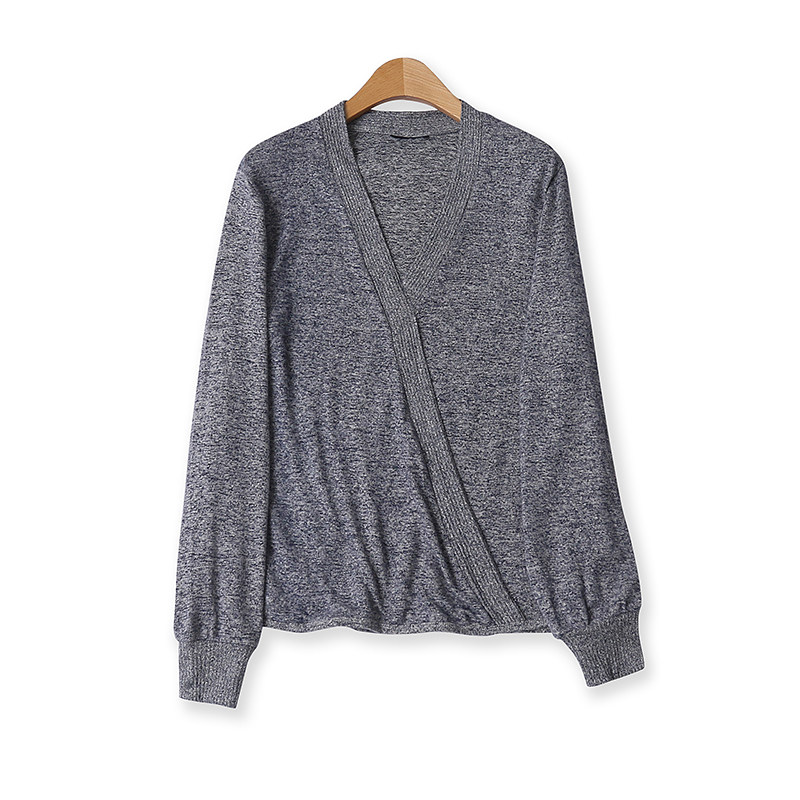 大码针织衫秋新款外贸女百搭V领交叉前门襟长袖套头显瘦上衣11301