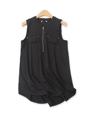 无袖T恤夏季新款外贸女装中长百搭半拉链装饰显瘦加大码背心15178