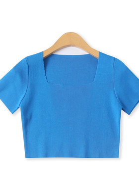 方领短款针织T恤秋季新款外贸女装纯色百搭修身弹力短袖上衣18819