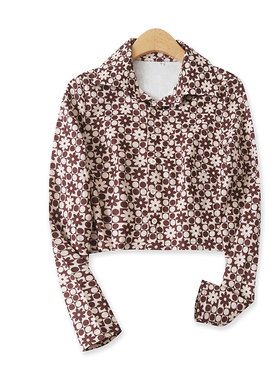 印花短款衬衣秋季新款外贸女装百搭翻领单排扣显瘦长袖衬衫15545