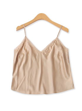 仿真丝吊带夏季新款外贸女装时尚百搭V领蕾丝花边修身短上衣18322