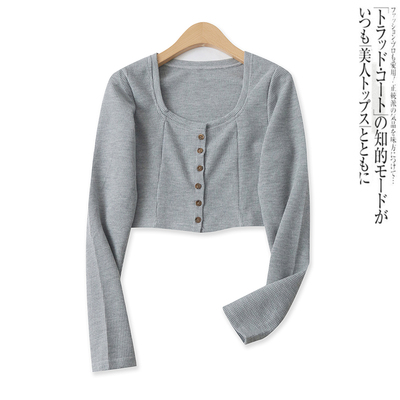 华夫格T恤春季新款外贸女装百搭短款方领单排扣显瘦长袖打底16163